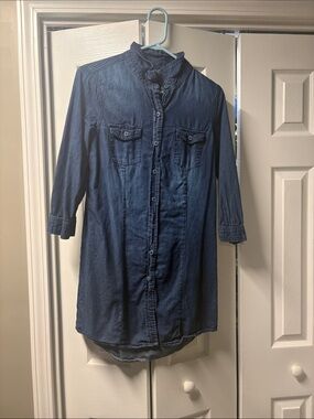 Denim Shirt Dress - Dark Blue Button-Up